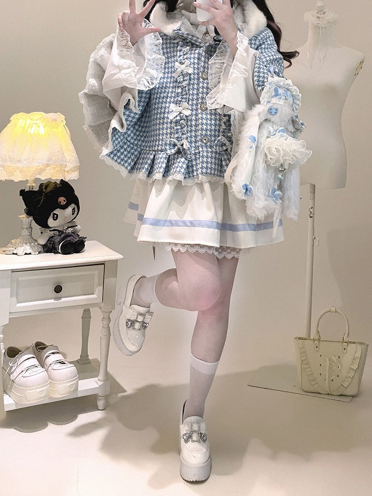 Hooded Fleece-Lined Kei Buttons Heart Cape Houndstooth Jirai with