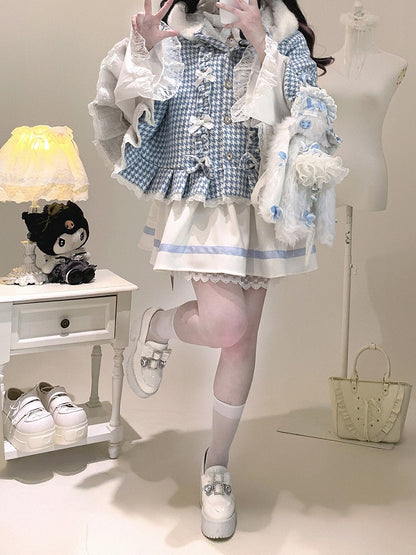 Hooded Fleece-Lined Kei Buttons Heart Cape Houndstooth Jirai with