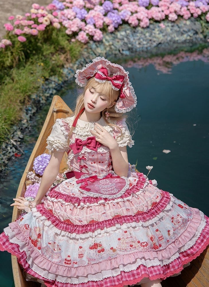 Pink Cherry Cake Print Sweet Lolita Dress with Layered Ruffles - Strawberry Fantasy