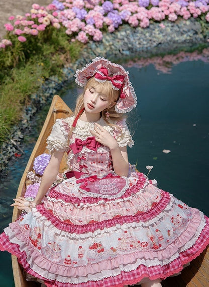 Pink Cherry Cake Print Sweet Lolita Dress with Layered Ruffles - Strawberry Fantasy