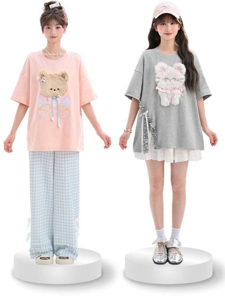 ピンク/グレー ラウンドネック ぬいぐるみ キティ/ベア Tシャツ