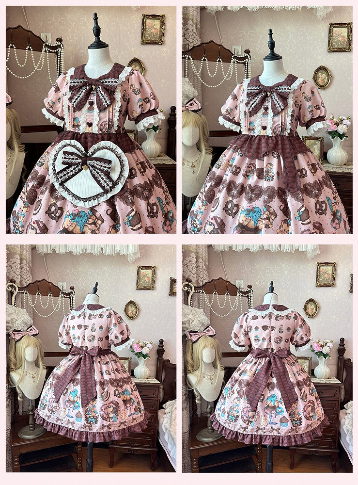 Piece Pink Lolita Dress One Vintage Teddy Bear Print Sweet Light