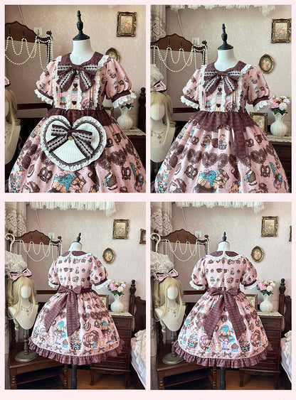 Piece Pink Lolita Dress One Vintage Teddy Bear Print Sweet Light
