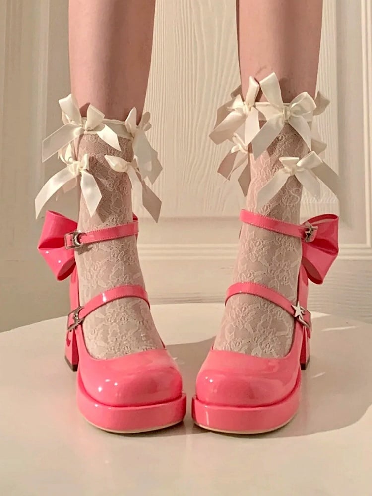 Moon and Celestial Back Y2K Cut-Out Buckles Style Star with Platform - Heels Rose Bow Red