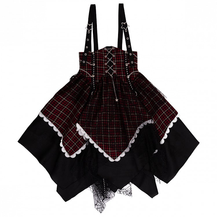 with Star Lolita Punk Black Accents Overall Dress Trim and Plaid Lace Red
