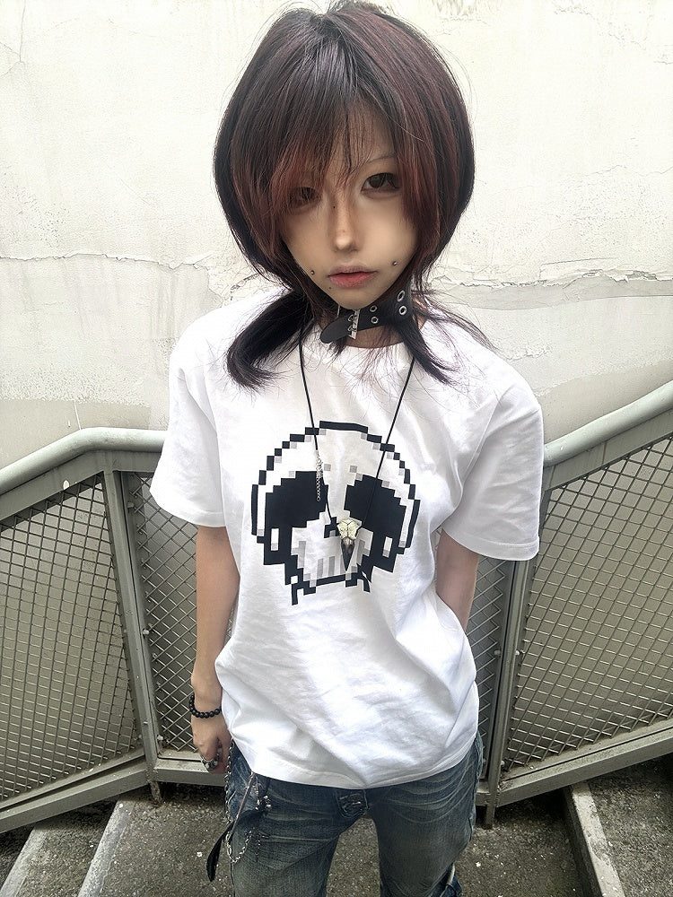 Pixel Round Neck T-Shirt Skeleton Print Cotton Black/White