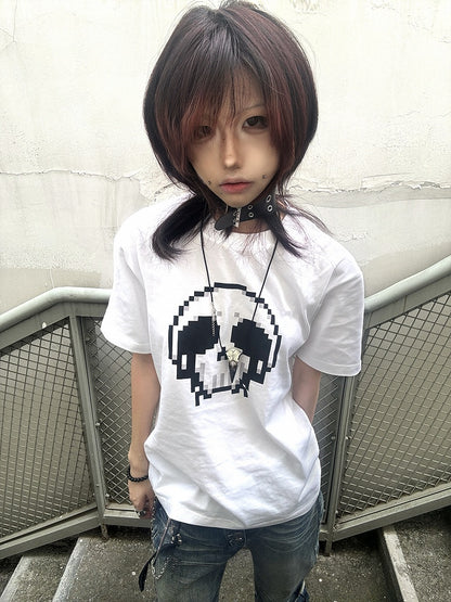 Pixel Round Neck T-Shirt Skeleton Print Cotton Black/White
