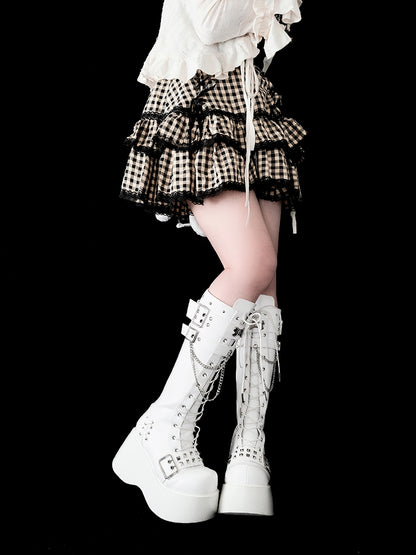 骨型メタルプレート マットホワイト パンク ウェッジ プラットフォーム ニーハイブーツ