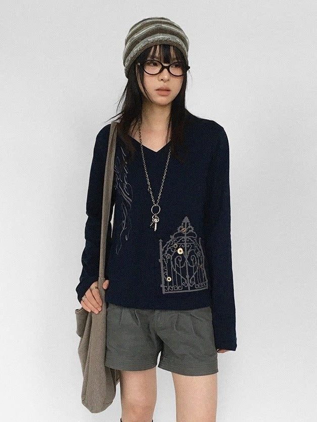 Vintage Y2K Navy Blue Letter Print V-Neck Long Sleeve Top with Iron Gate Patch - innomoood