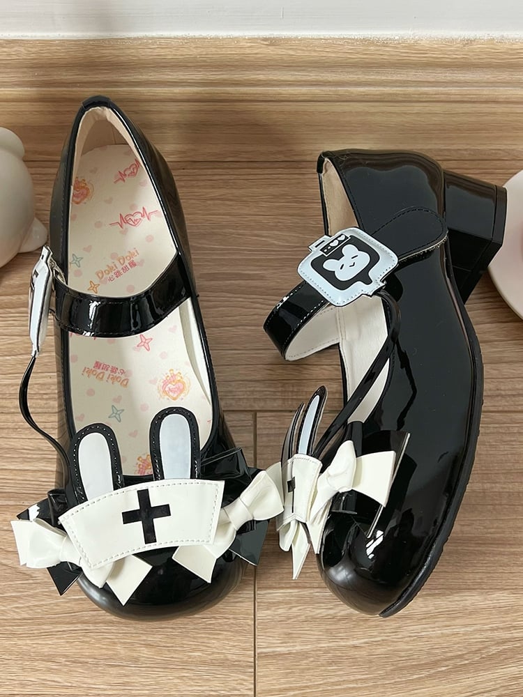 Sweet Black Lolita Mid-heel Shoes - PU Leather with Medical Bunny Motifs & Bowknot Details