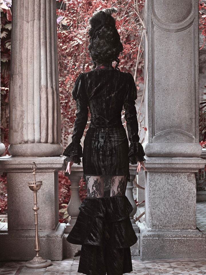 ハロウィンゴシックブラックベルベットクロップドヴァンパイアジャケット