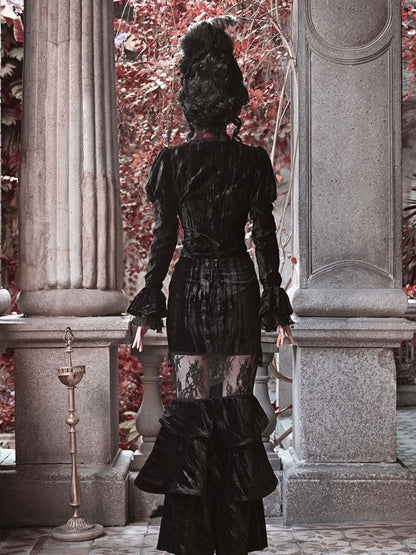 ハロウィンゴシックブラックベルベットクロップドヴァンパイアジャケット