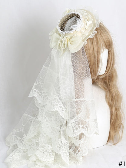 Bowknot Lolita Veil Beige Mini + Beautiful Hat Lace Hollow-out