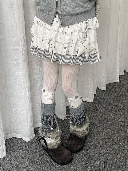 Beige Layered Ruffle Skirt with Star and Stripe Pattern - Solkatt