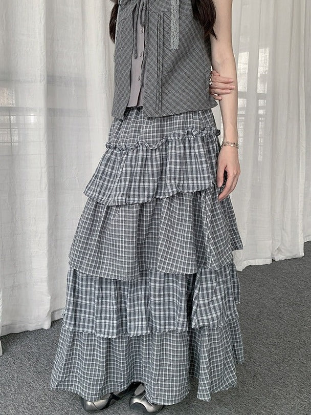 Two Tone Plaid Layered Ruffle Skirt - Solkatt