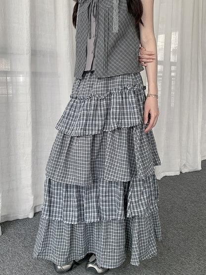 Two Tone Plaid Layered Ruffle Skirt - Solkatt