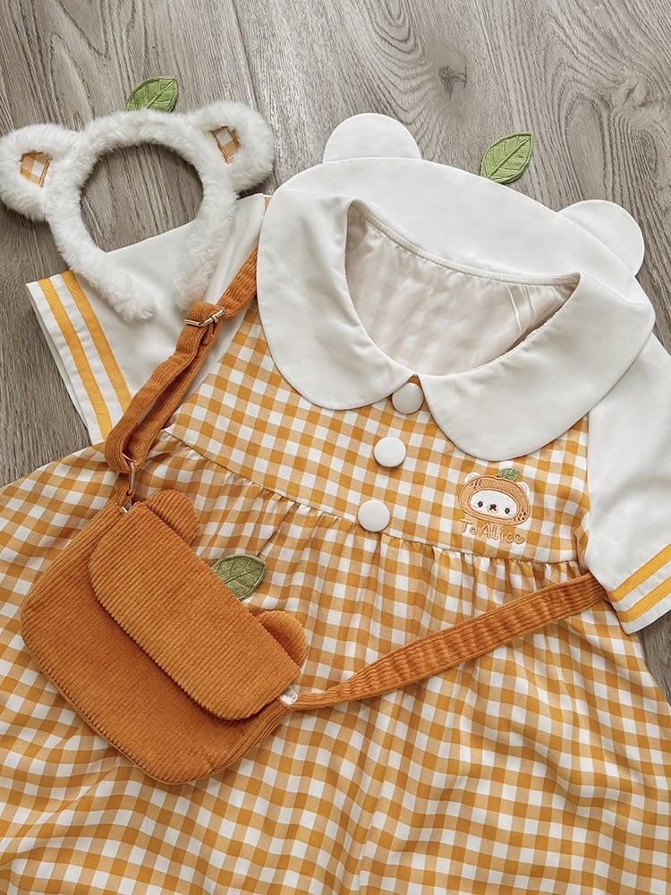 Orange Bear Peter Pan Collar Plaid Short Sleeves Dress