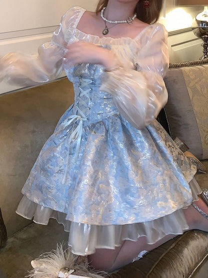 Painting Blue Waist Dress Detail Lace-Up Chiffon Oil with Shimmering Style