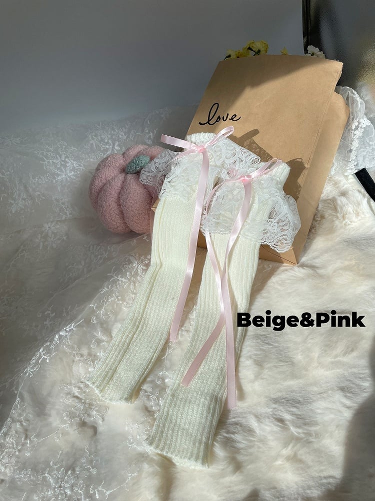 Gestrickte Beinwärmer mit Schleife und Spitzenmanschette in 9 Farben