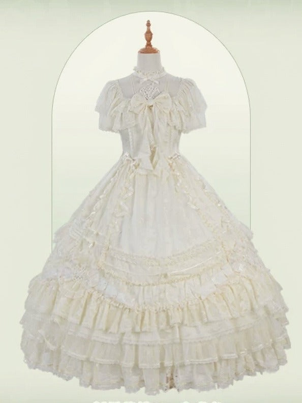 Beige OP Dress with Floral Embroidery, Pearls, and Short Train - Mademoiselle Pearl