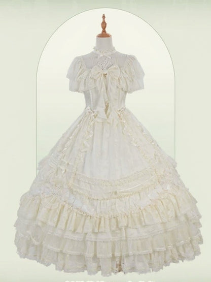 Beige OP Dress with Floral Embroidery, Pearls, and Short Train - Mademoiselle Pearl
