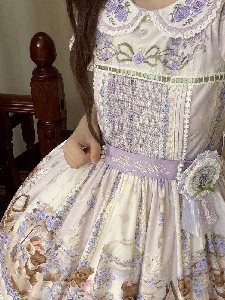 Cute Bear Print OP Dress with Purple Floral Embroidery, Doll Collar & Puff Sleeves - Stars Fall on the Foggy Island
