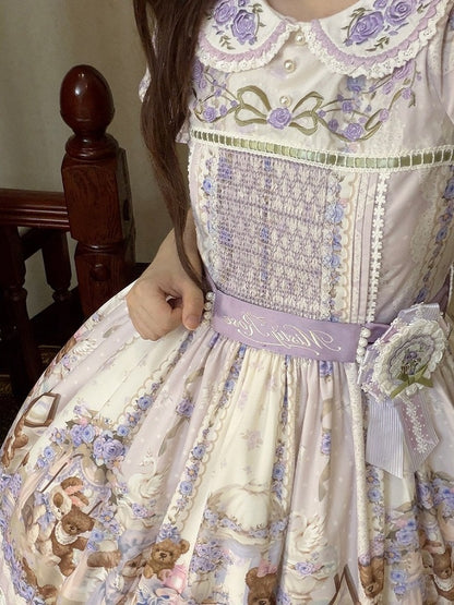 Cute Bear Print OP Dress with Purple Floral Embroidery, Doll Collar & Puff Sleeves - Stars Fall on the Foggy Island