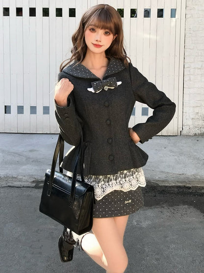 Gray Kei Polka Wool Coat Decor Bow Wing Dot Jirai Collar with