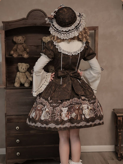 Vintage Doll Style Brown Short Sleeve OP Dress with Bear Symphony Print - Twin Bear Original Design