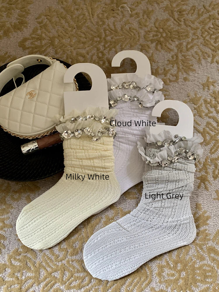 Decorated Socks Over-the-Knee Rhinestones Milky in Sparkling