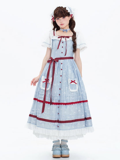 Placket Plus Available Bows Lolita Small Sizes and JSK Button Front Classic Fabric Blue Red