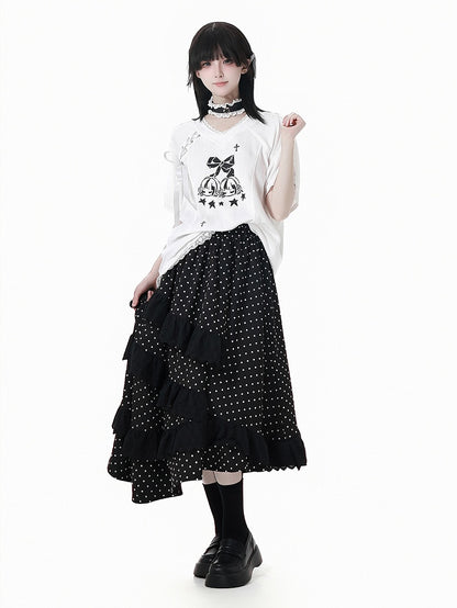 ブラックの伸縮性ウエスト、アシンメトリーレース、水玉模様のスカートトリム