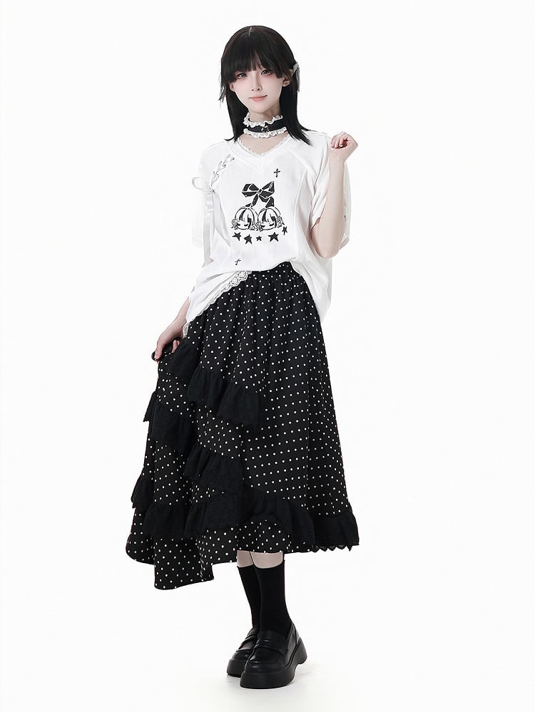 Free Choker T-Shirt White V-Neck Lace-up Detail Blokecore Graphic with