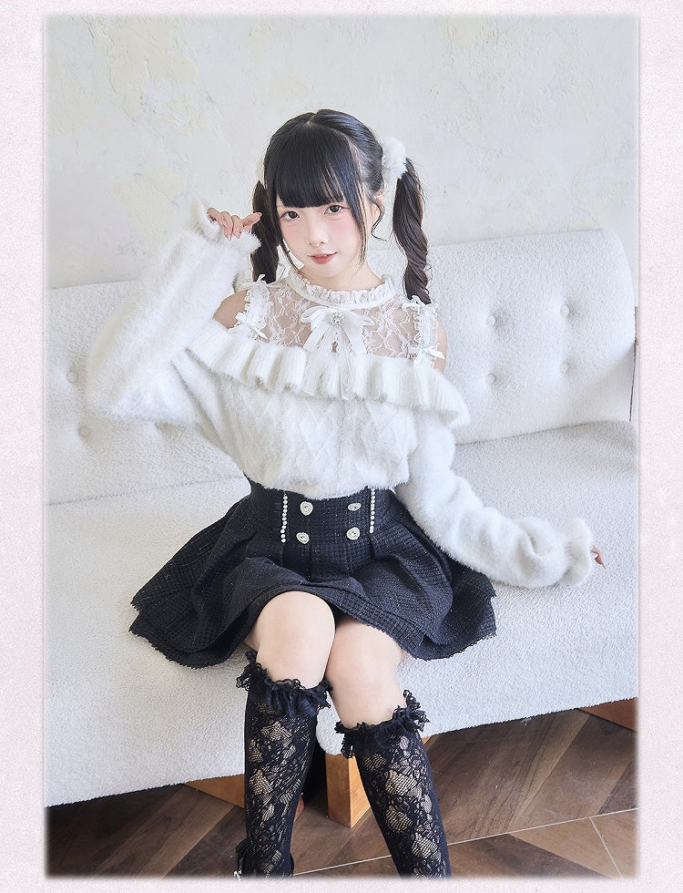 フリルトリム ホワイト ジライカイ コントラスト レースパッチ セーター カットアウト ショルダー ボウノット