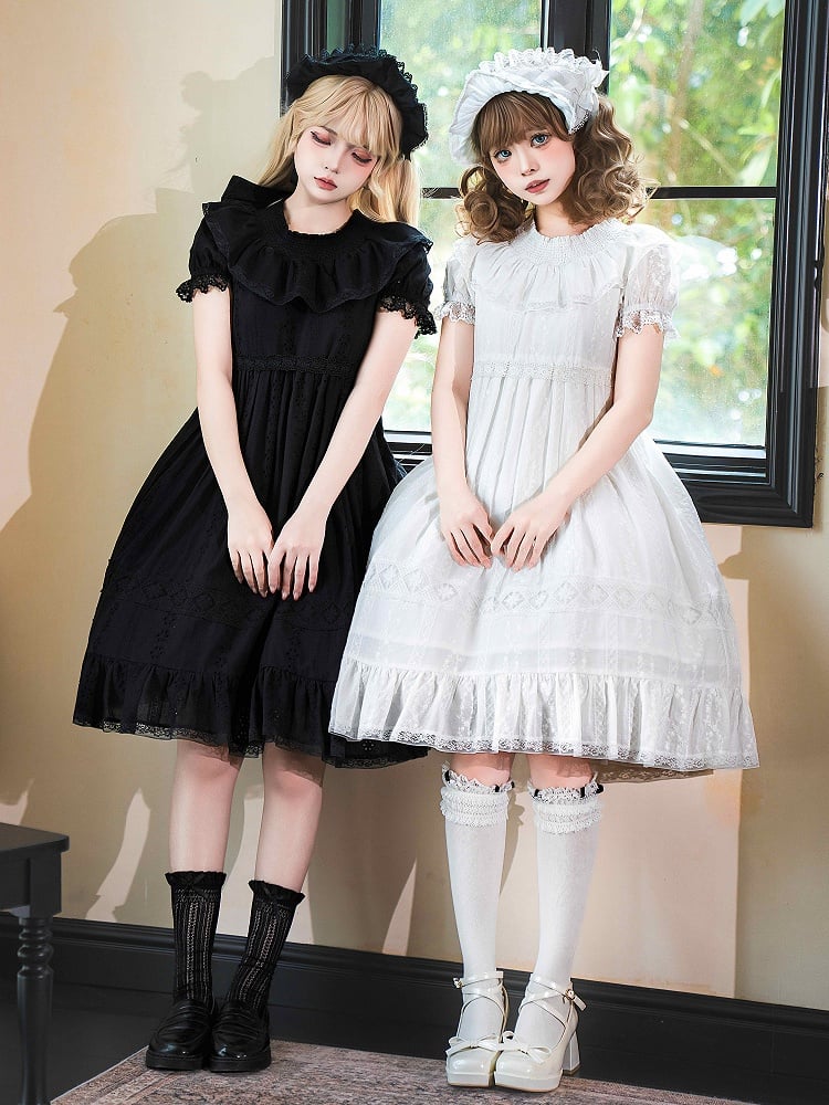 Weißes Lolita-Taille-Shiro-Kleid mit hohen Puffärmeln aus Baumwolle