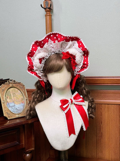 Pink Blue Red Dots Bonnet Polka Black / Bear Ears Lolita with