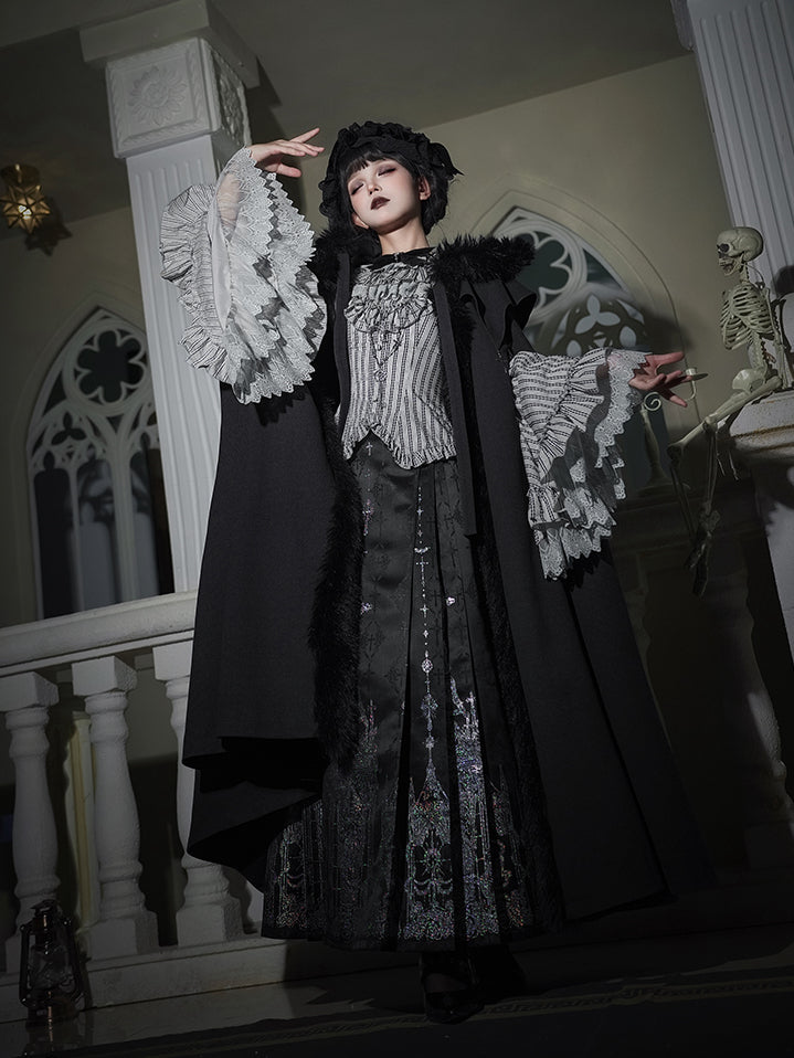 Witch Trim Cross with Fur Autumn for and Faux Winter Lolita Gothic Charms Black Cloak