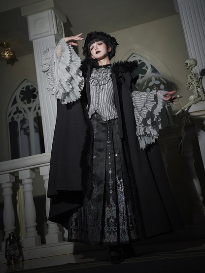 Witch Trim Cross with Fur Autumn for and Faux Winter Lolita Gothic Charms Black Cloak