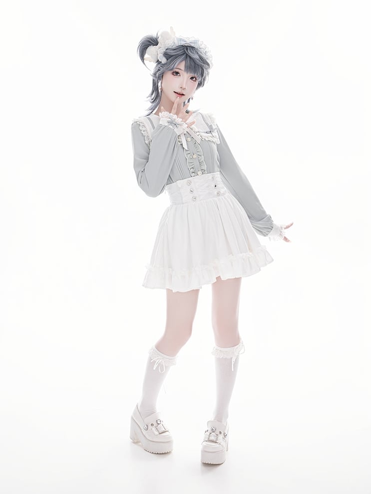Blouse Blue Jirai Kei and Buttons Long Lace Heart Collar Square Light with Sleeve Inspired Beaded