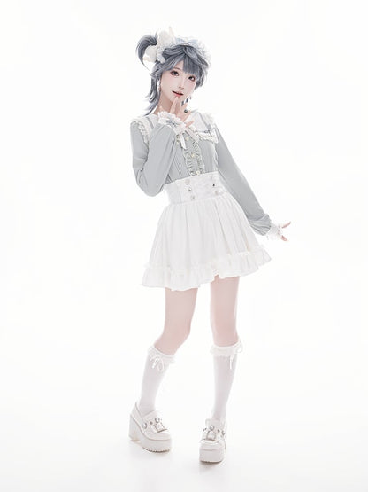 Blouse Blue Jirai Kei and Buttons Long Lace Heart Collar Square Light with Sleeve Inspired Beaded
