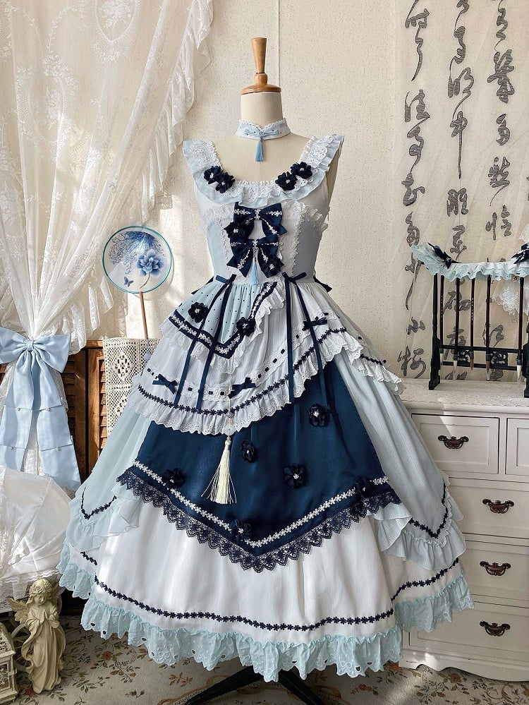 and Floral JSK Dark Lolita Sleeves Dress Embellished Flutter Blue Bow