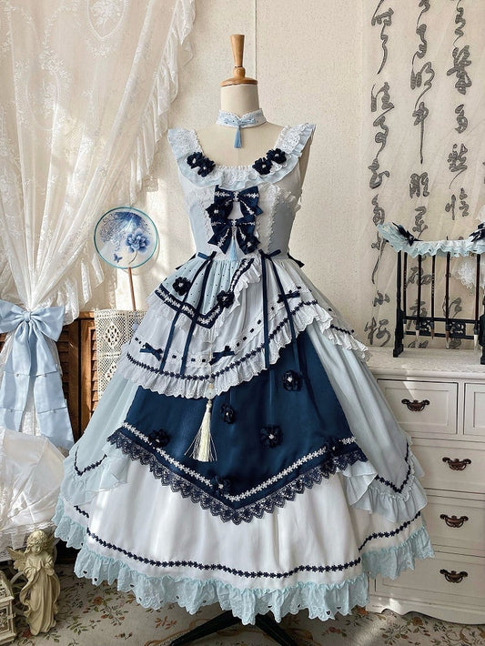 and Floral JSK Dark Lolita Sleeves Dress Embellished Flutter Blue Bow