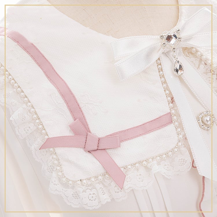 Beaded Collar Long Lace Shaped Pink Kei Sleeve and Heart Square Buttons Jirai with Blouse:
