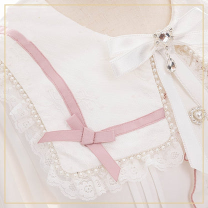 Beaded Collar Long Lace Shaped Pink Kei Sleeve and Heart Square Buttons Jirai with Blouse: