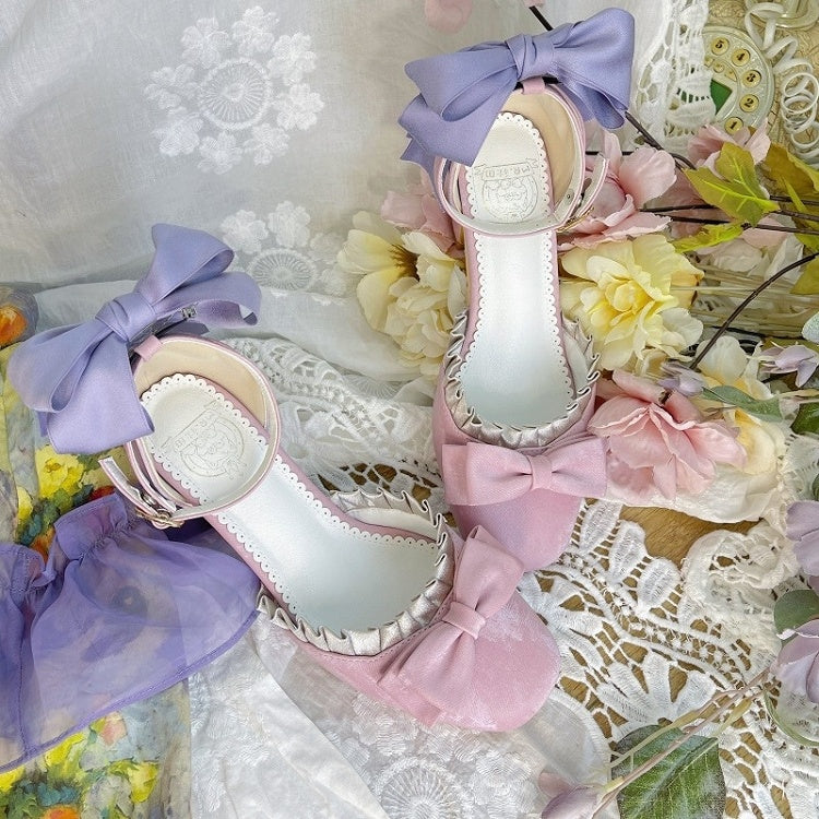 Ruffle Details Purple Mid Leather Pink Style Lolita Trim Heels Bow PU with for