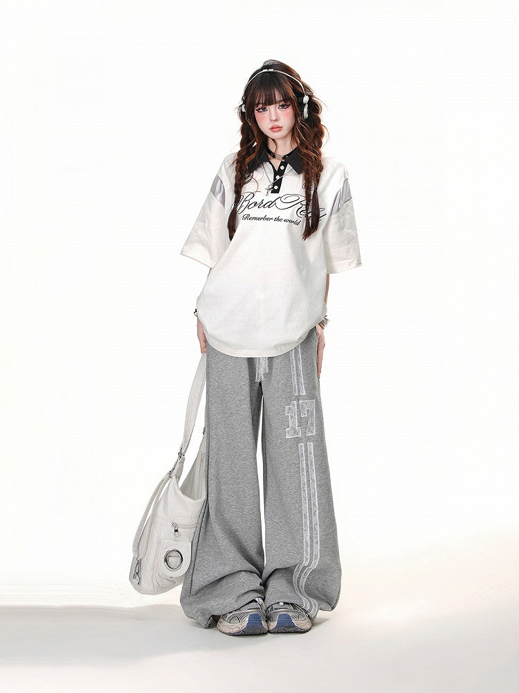 Gray Elastic Waist Lace Wide-Leg Drawstring Sports Pants Waist