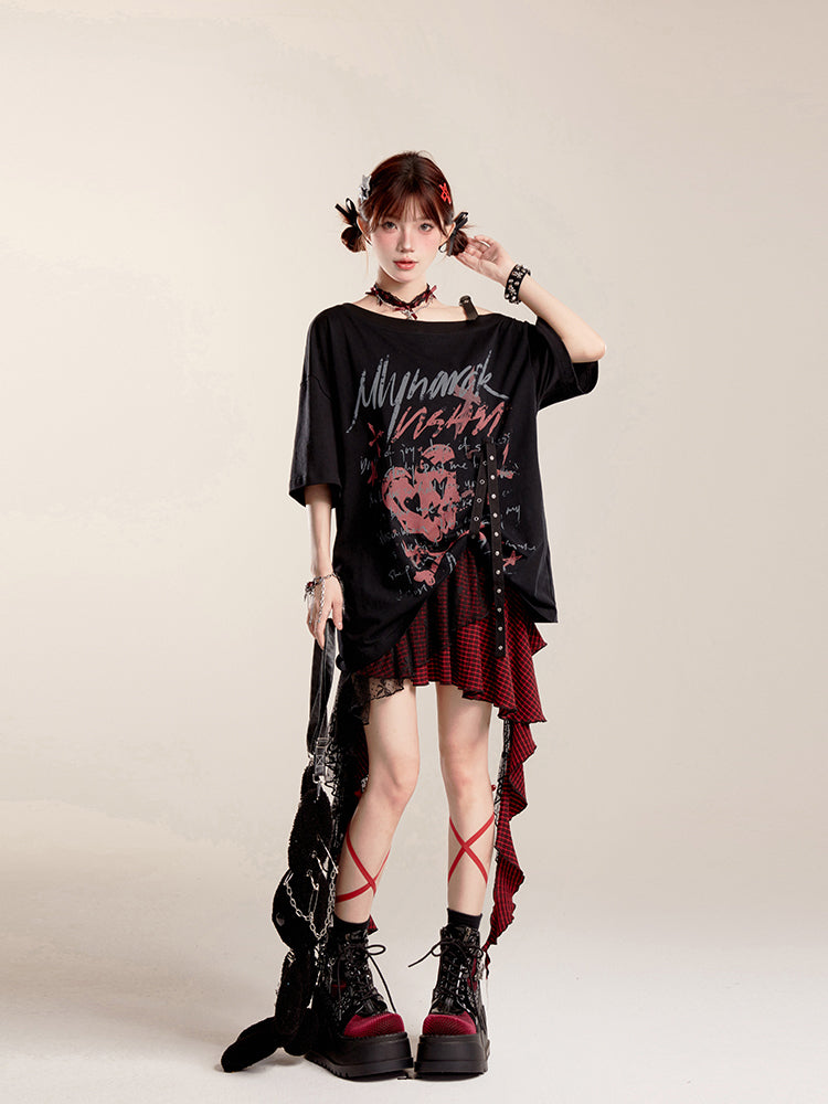 Mesh Cascading Red with Black Festival Overlay Skirt Music Outfits Plaid Ruffles