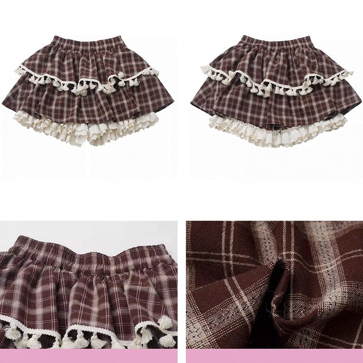 ブラウンのチェック柄ティアードスコート、フリル袖口、フリンジトリム