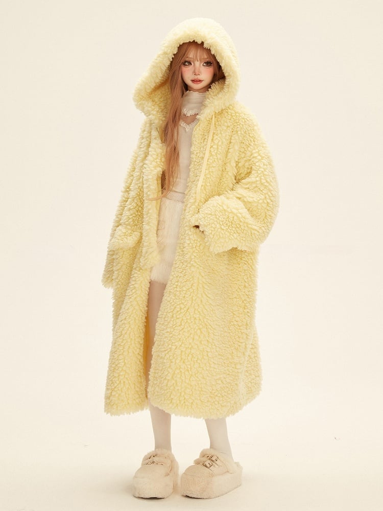 Drawstrings Hooded Coat Winter Fleece with Long Yellow