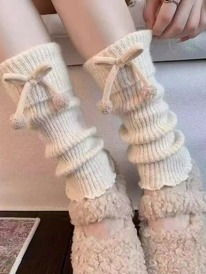 Knit Fluffy Leg Warmers Bow Cream) (Color: